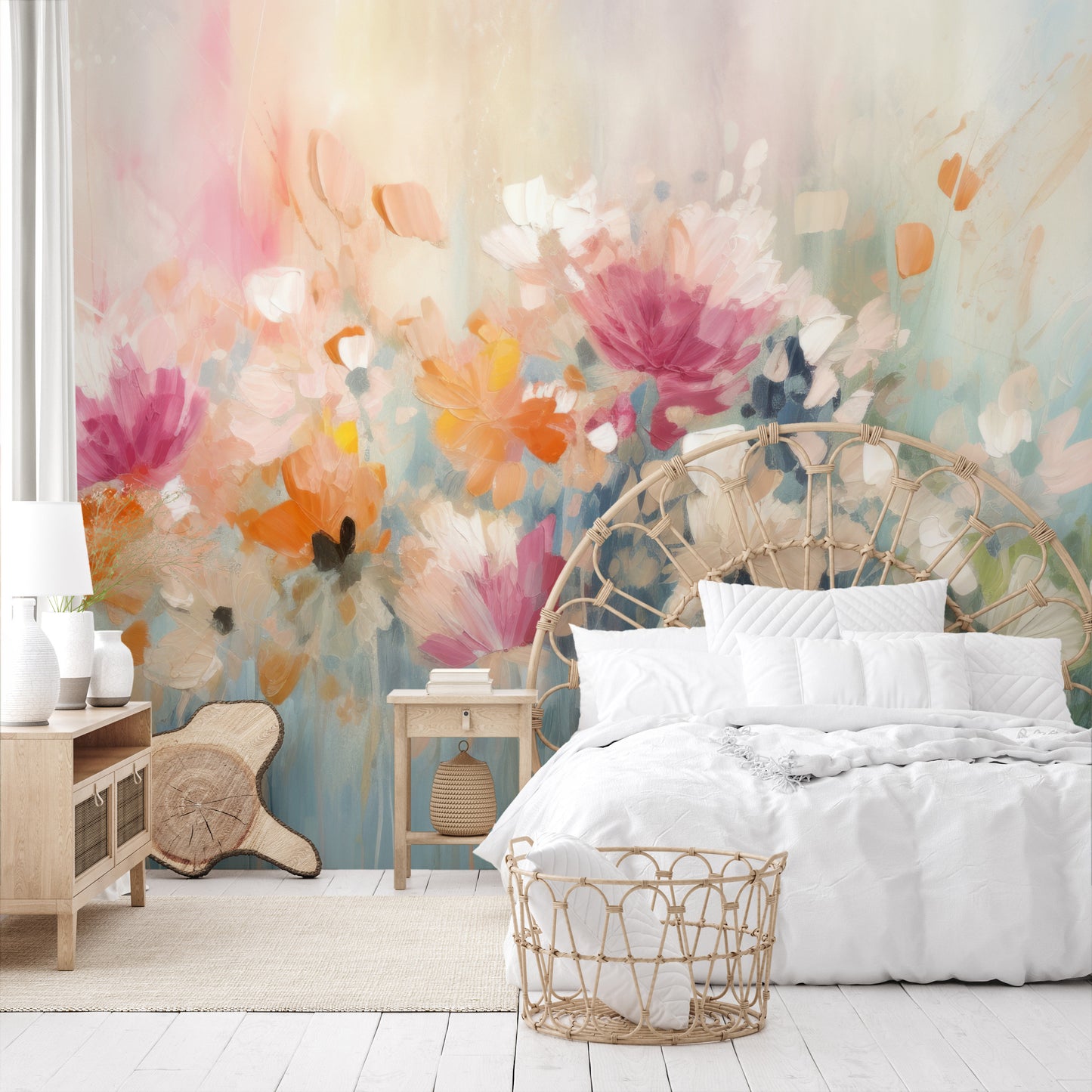 Wzór fototapety artystycznej o nazwie Pastel Petal Canvas pokazanej w aranżacji wnętrza.