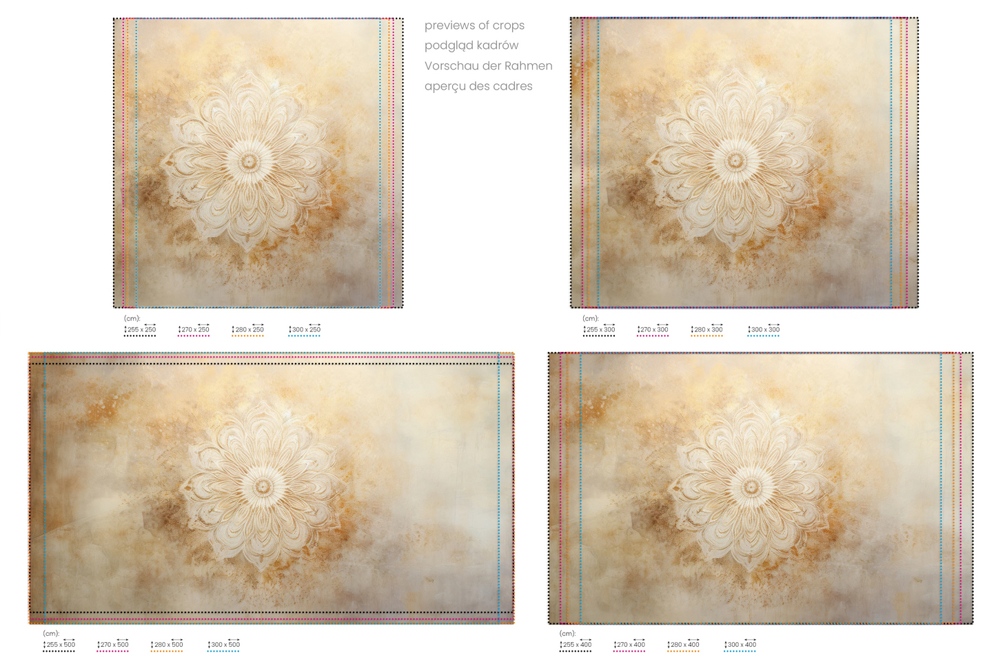 Na obrazie znajduje się prezentacja przykładowych rozmiarów fototapety o nazwie Serene Flora. Rozmiar fototapety jest dowolny.