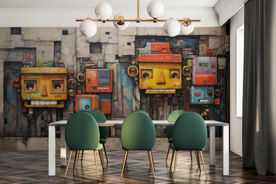 Wzór fototapety artystycznej o nazwie Mechanical Life pokazanej w aranżacji wnętrza.