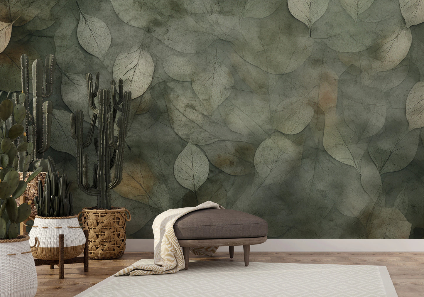 Zdjęcie prezentuje aranżację wnętrza z użyciem fototapety o nazwie Ethereal Foliage pokazanej w aranżacji wnętrza.