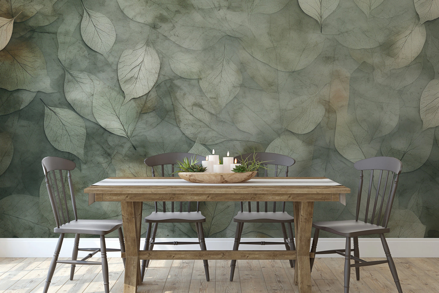 Wzór fototapety malowanej o nazwie Ethereal Foliage pokazanej w aranżacji wnętrza.