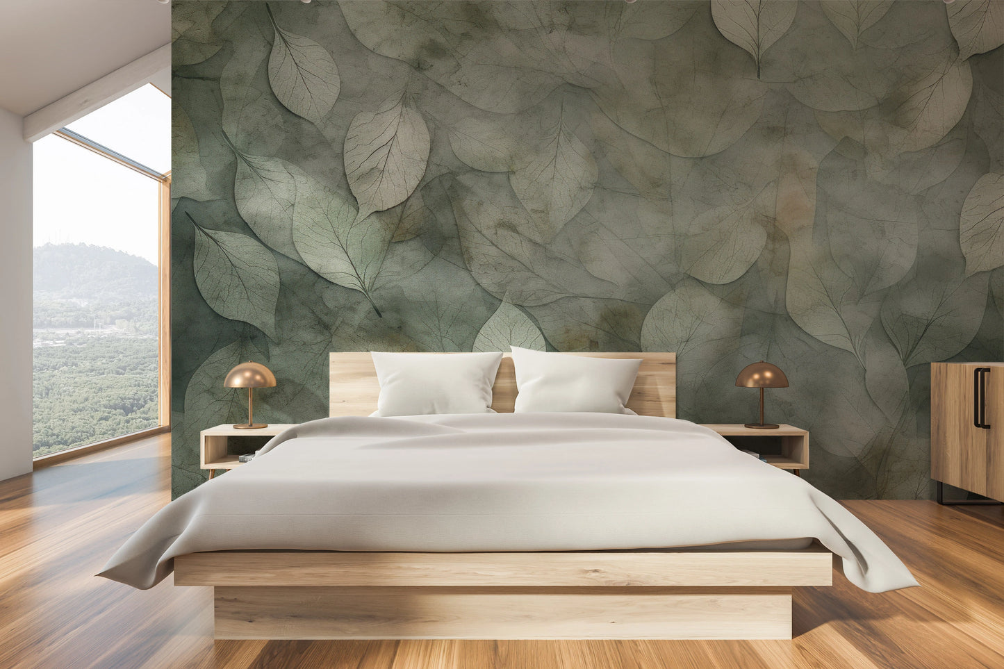 Wzór fototapety artystycznej o nazwie Ethereal Foliage pokazanej w aranżacji wnętrza.