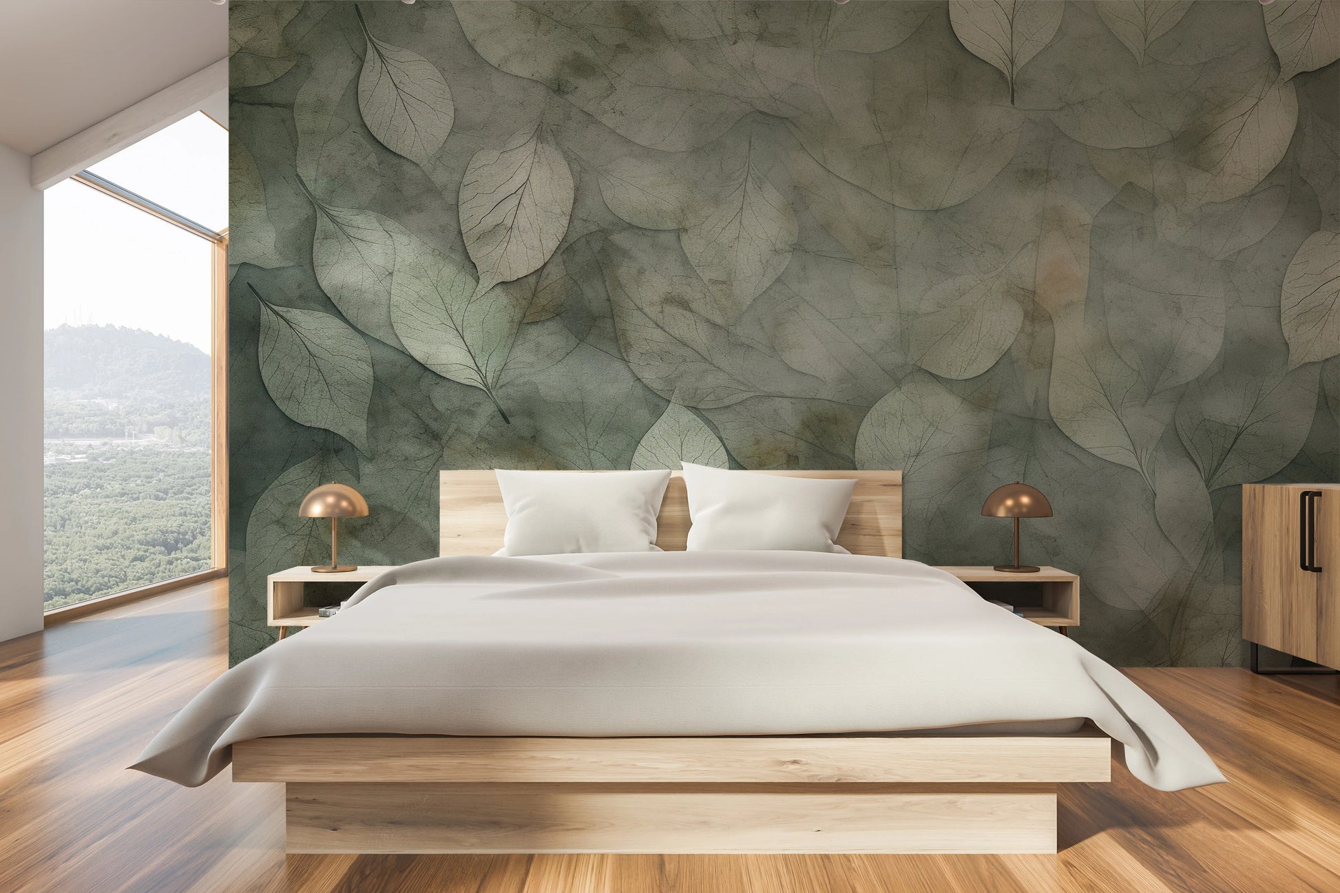 Wzór fototapety artystycznej o nazwie Ethereal Foliage pokazanej w aranżacji wnętrza.