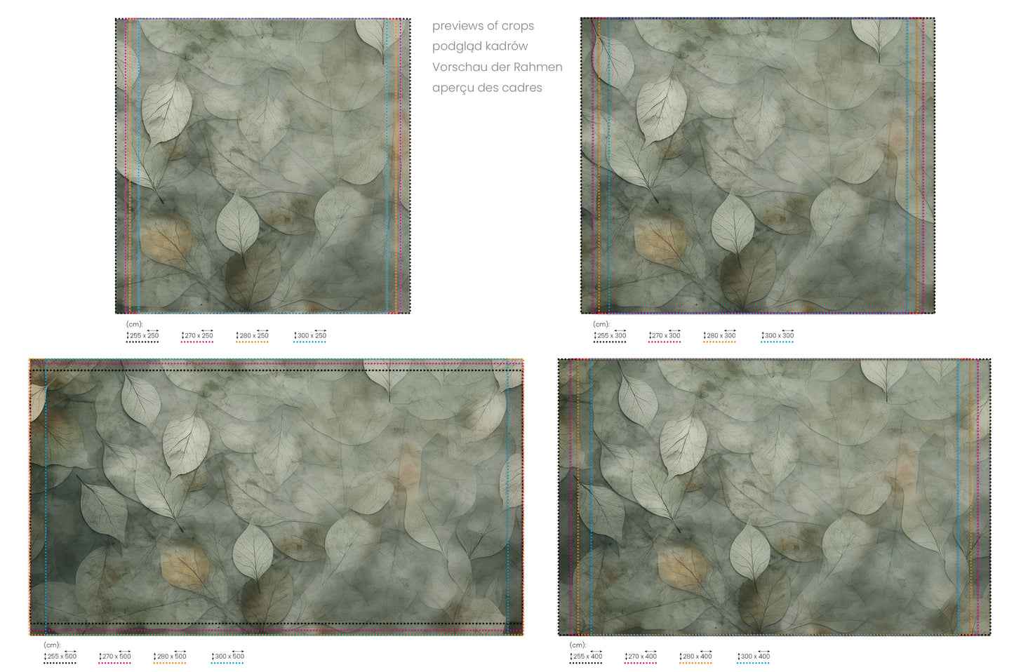 Na obrazie znajduje się prezentacja przykładowych rozmiarów fototapety o nazwie Ethereal Foliage. Rozmiar fototapety jest dowolny.