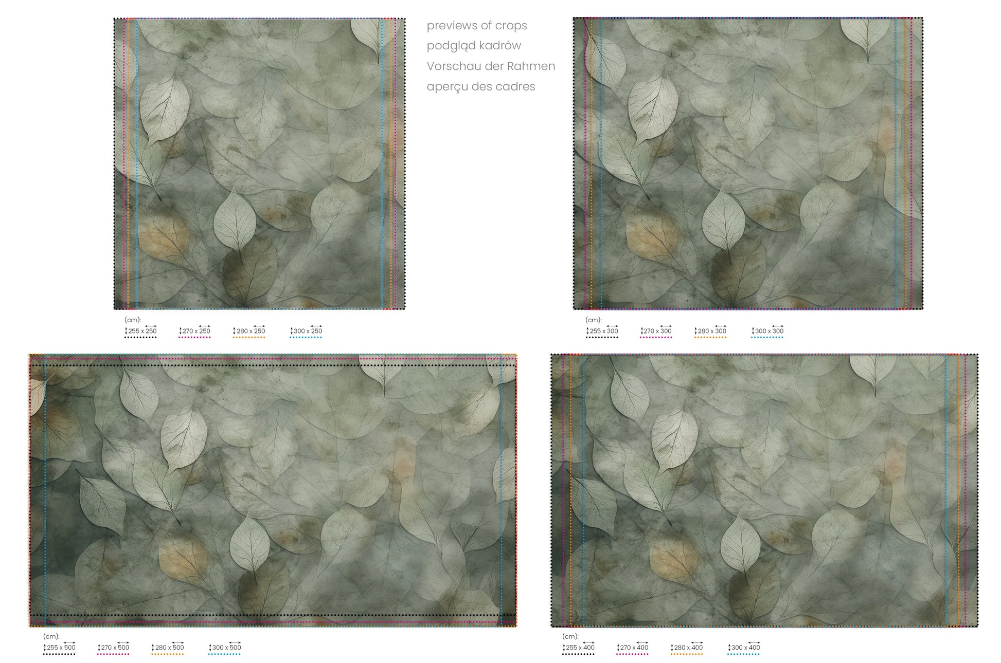 Na obrazie znajduje się prezentacja przykładowych rozmiarów fototapety o nazwie Ethereal Foliage. Rozmiar fototapety jest dowolny.