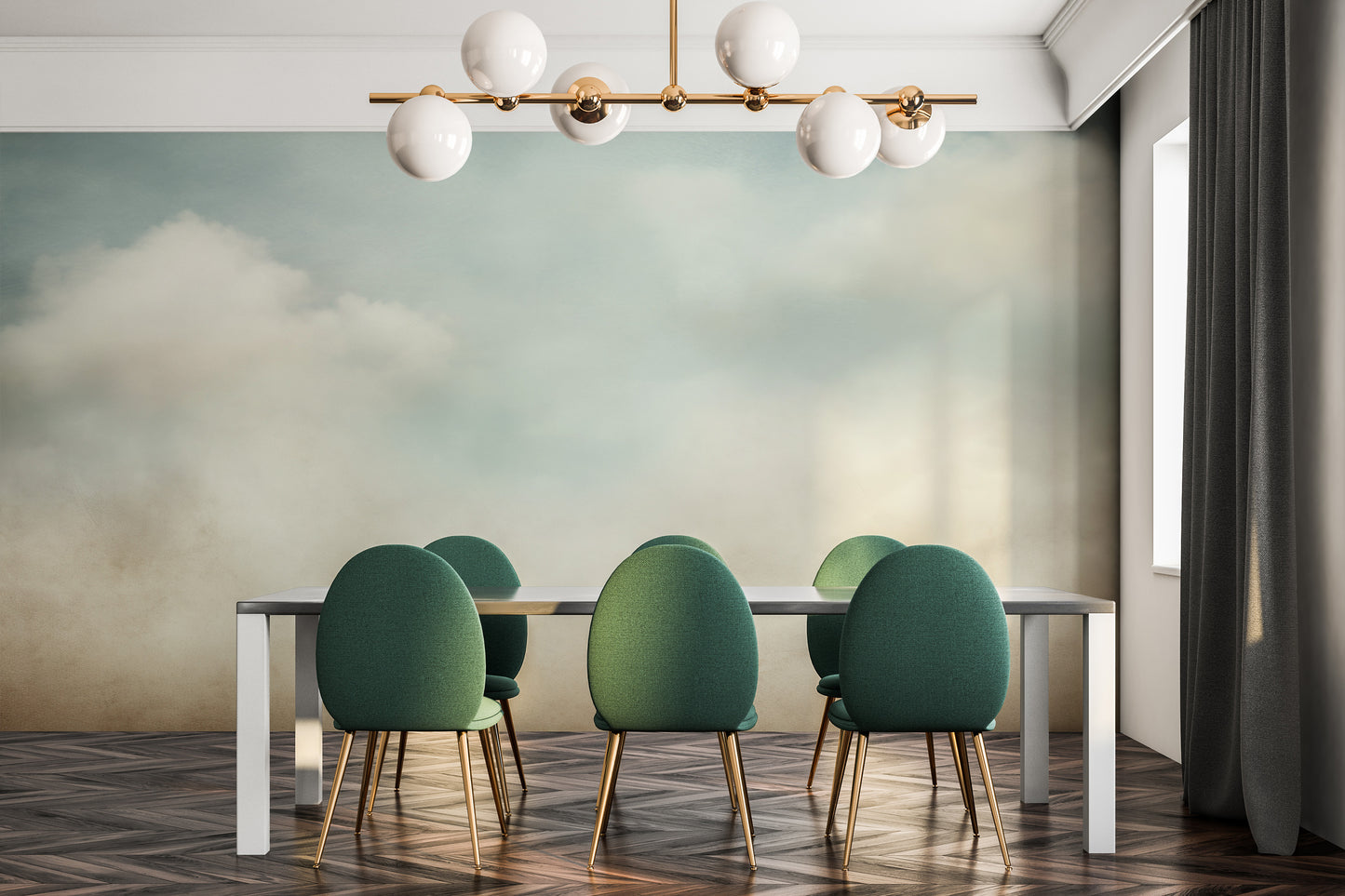 Wzór fototapety artystycznej o nazwie SERENE SKYLINE CANVAS pokazanej w aranżacji wnętrza.