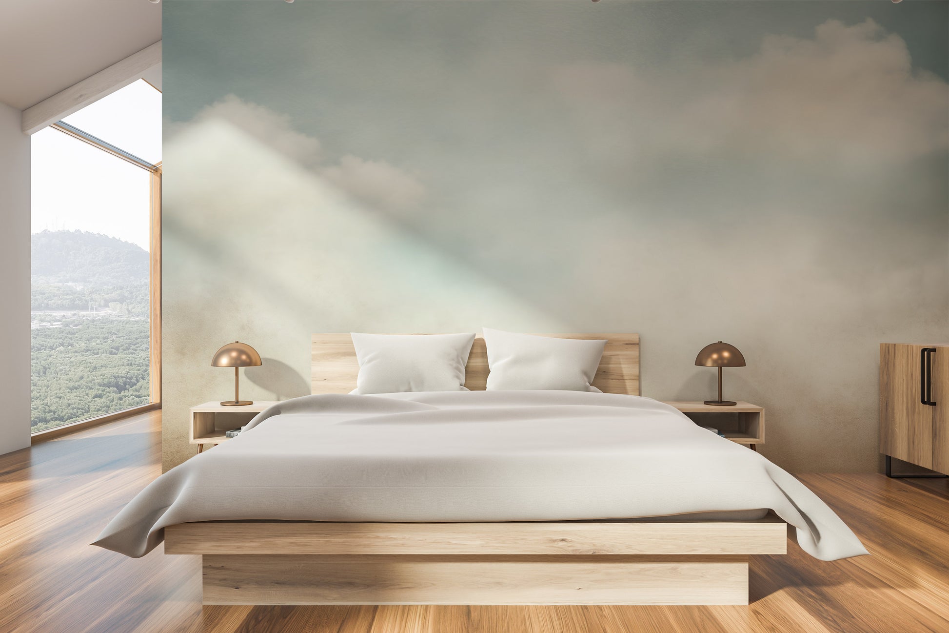 Wzór fototapety o nazwie SERENE SKYLINE CANVAS pokazanej w kontekście pomieszczenia.
