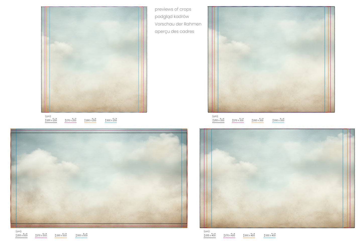 Na obrazie znajduje się prezentacja przykładowych rozmiarów fototapety o nazwie SERENE SKYLINE CANVAS. Rozmiar fototapety jest dowolny.