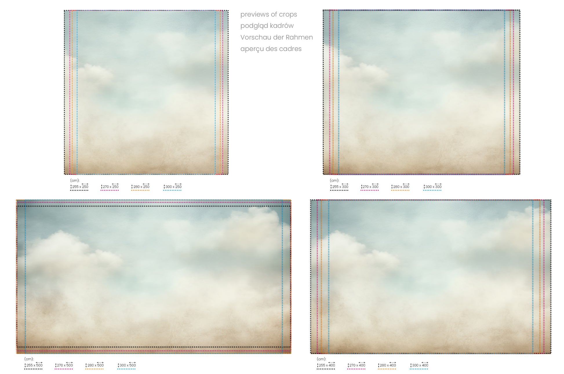 Na obrazie znajduje się prezentacja przykładowych rozmiarów fototapety o nazwie SERENE SKYLINE CANVAS. Rozmiar fototapety jest dowolny.