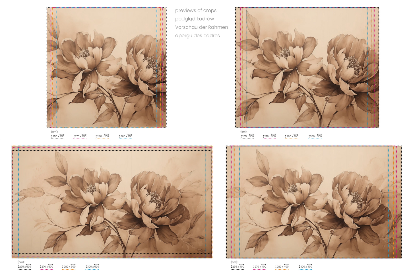 Na obrazie znajduje się prezentacja przykładowych rozmiarów fototapety o nazwie Vintage Rose Sketch. Rozmiar fototapety jest dowolny.