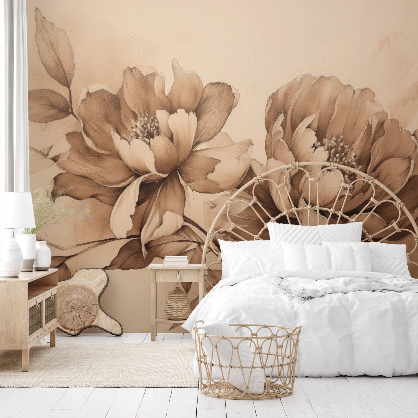 Wzór fototapety o nazwie Vintage Rose Sketch pokazanej w kontekście pomieszczenia.