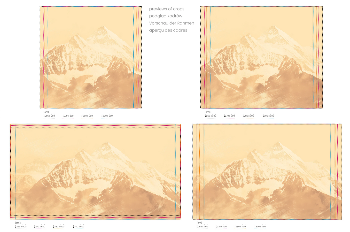 Na obrazie znajduje się prezentacja przykładowych rozmiarów fototapety o nazwie Golden Summit. Rozmiar fototapety jest dowolny.