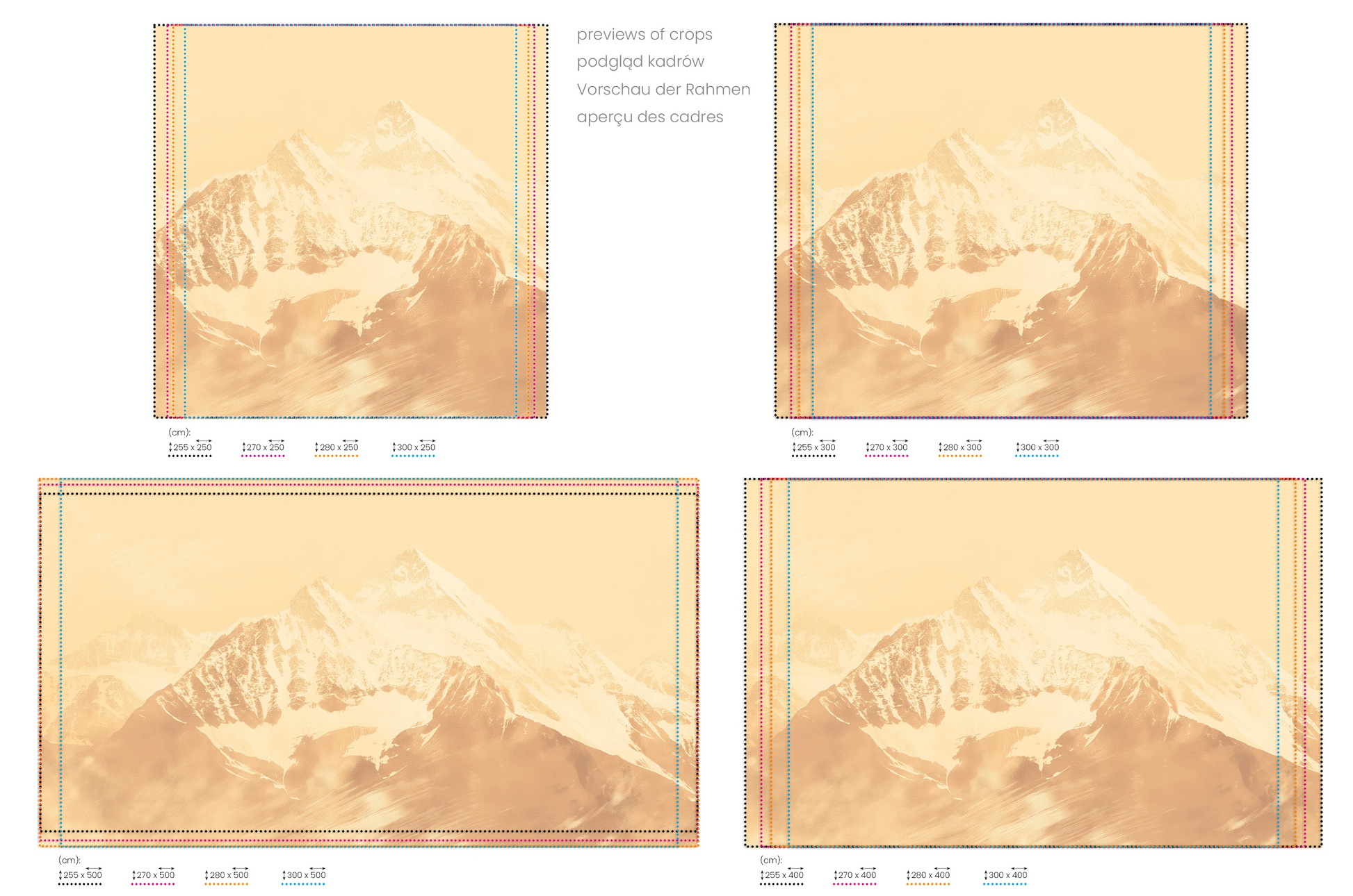 Na obrazie znajduje się prezentacja przykładowych rozmiarów fototapety o nazwie Golden Summit. Rozmiar fototapety jest dowolny.