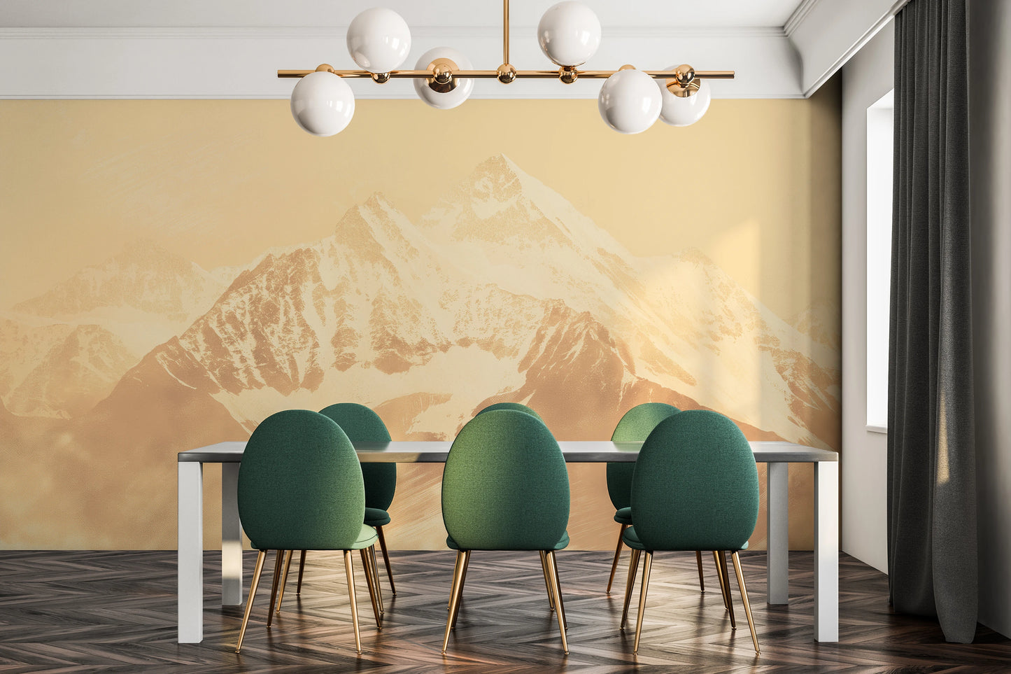 Wzór fototapety artystycznej o nazwie Golden Summit pokazanej w aranżacji wnętrza.