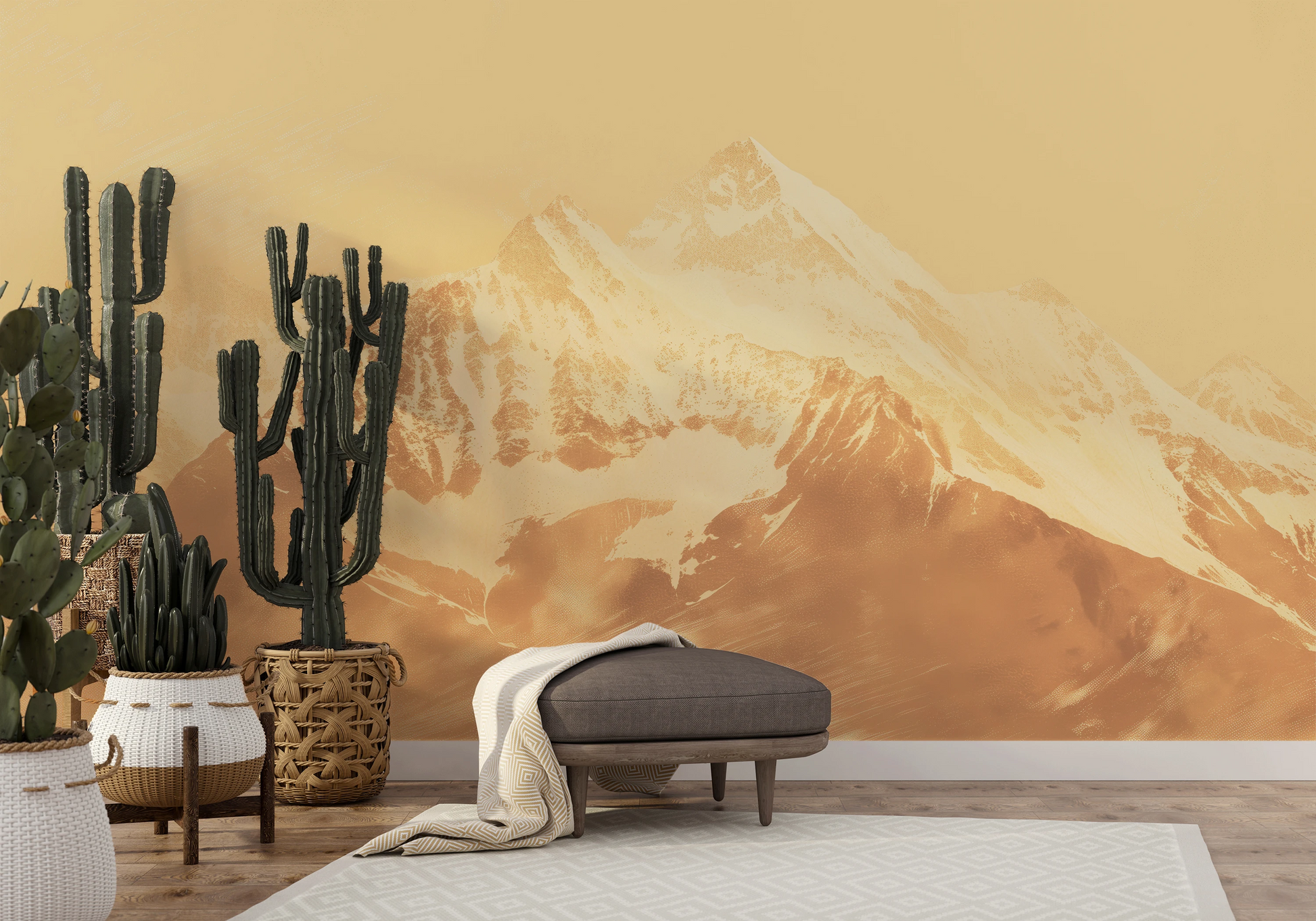 Wzór fototapety malowanej o nazwie Golden Summit pokazanej w aranżacji wnętrza.