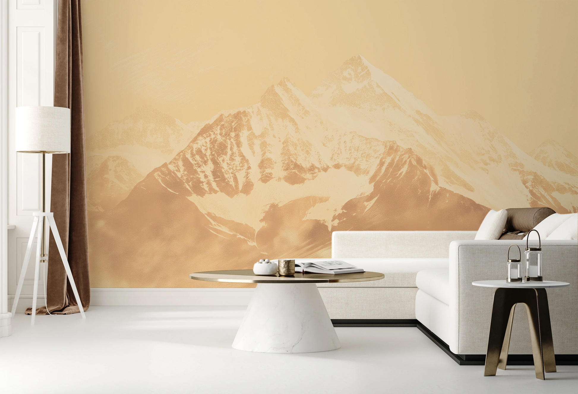 Zdjęcie prezentuje aranżację wnętrza z użyciem fototapety o nazwie Golden Summit pokazanej w aranżacji wnętrza.
