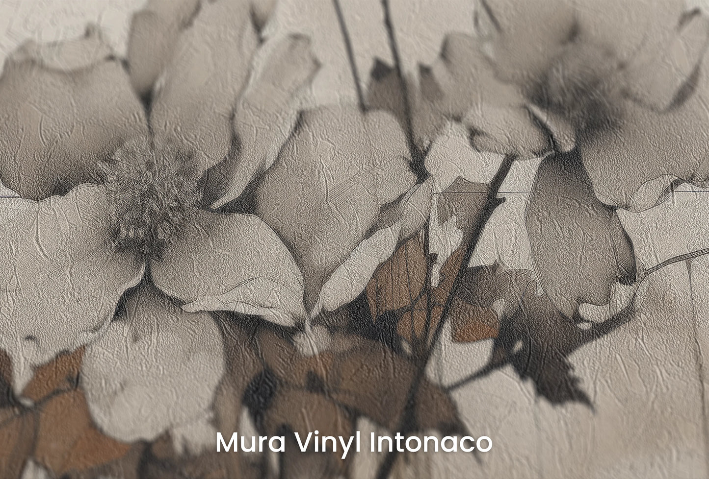 Zbliżenie na artystyczną fototapetę o nazwie Monochrome Anemones na podłożu Mura Vinyl Intonaco - struktura tartego tynku.