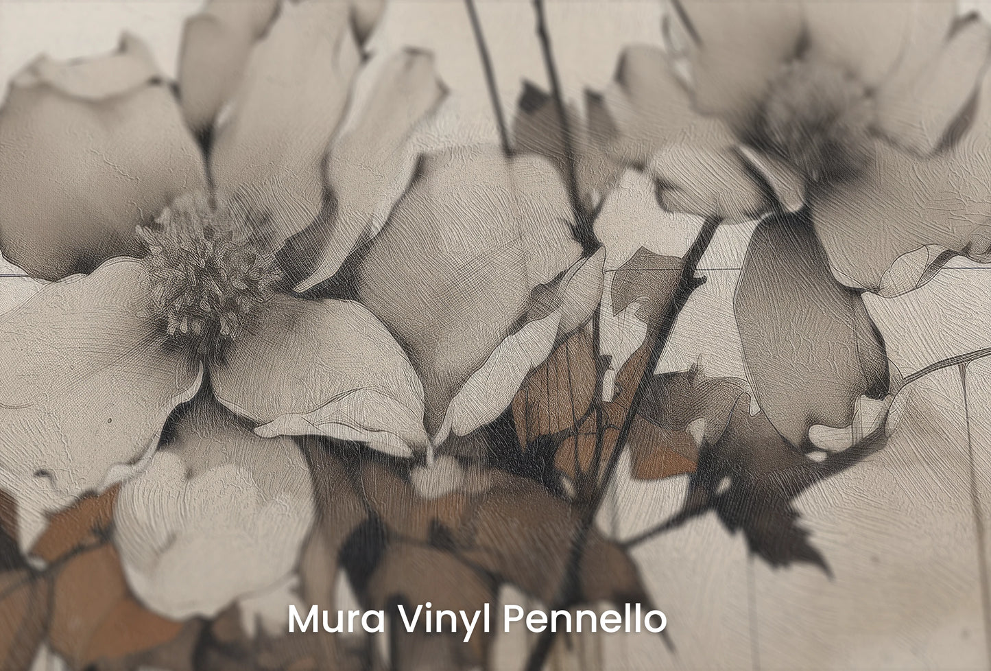 Zbliżenie na artystyczną fototapetę o nazwie Monochrome Anemones na podłożu Mura Vinyl Pennello - faktura pociągnięć pędzla malarskiego.