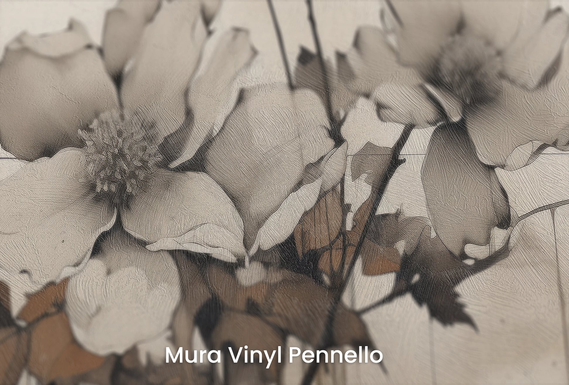 Zbliżenie na artystyczną fototapetę o nazwie Monochrome Anemones na podłożu Mura Vinyl Pennello - faktura pociągnięć pędzla malarskiego.