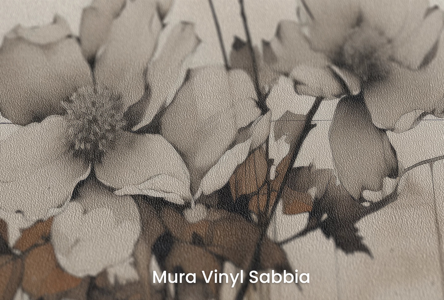 Zbliżenie na artystyczną fototapetę o nazwie Monochrome Anemones na podłożu Mura Vinyl Sabbia struktura grubego ziarna piasku.