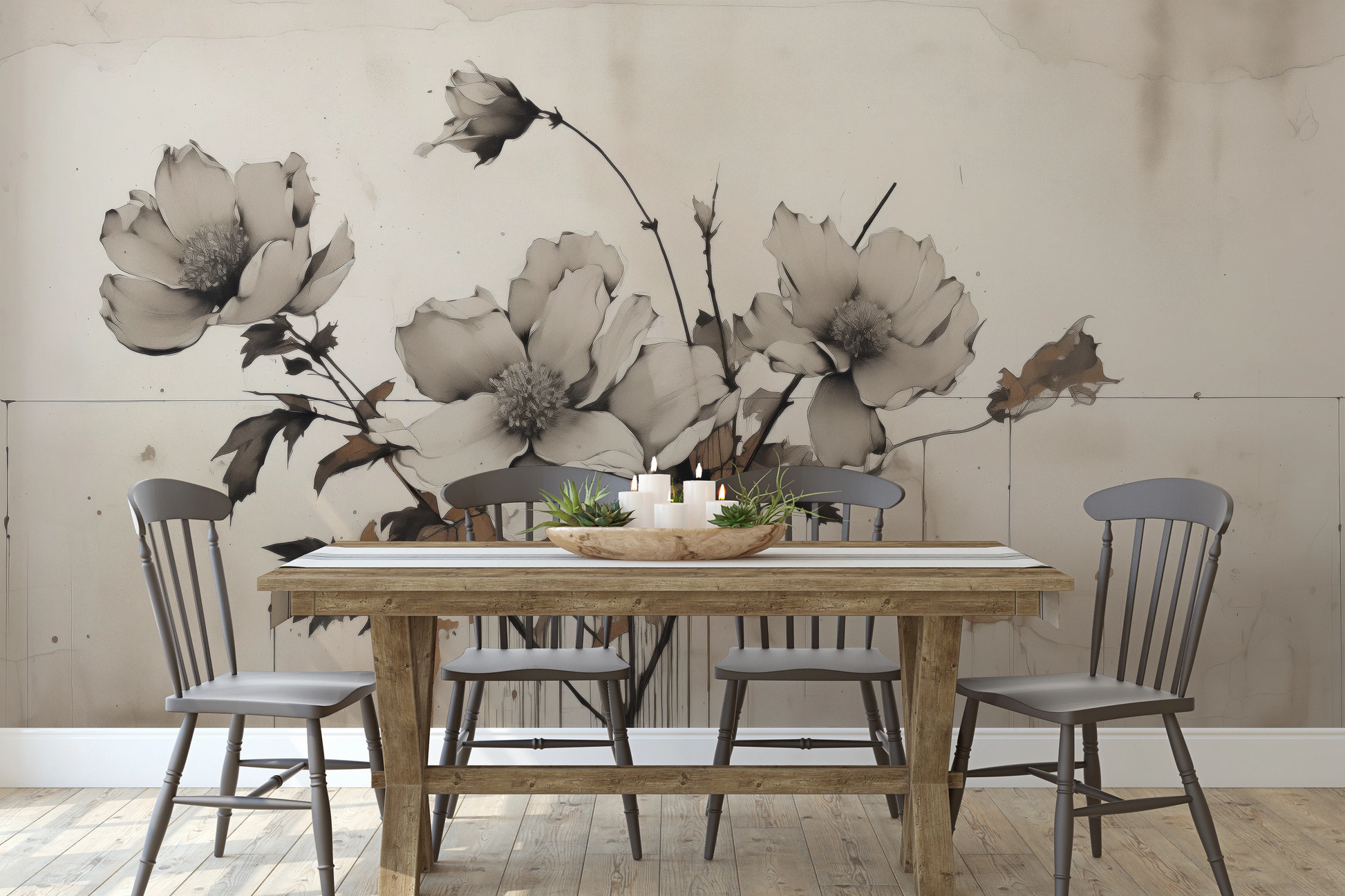 Fototapeta artystyczna o nazwie Monochrome Anemones pokazana w aranżacji wnętrza.