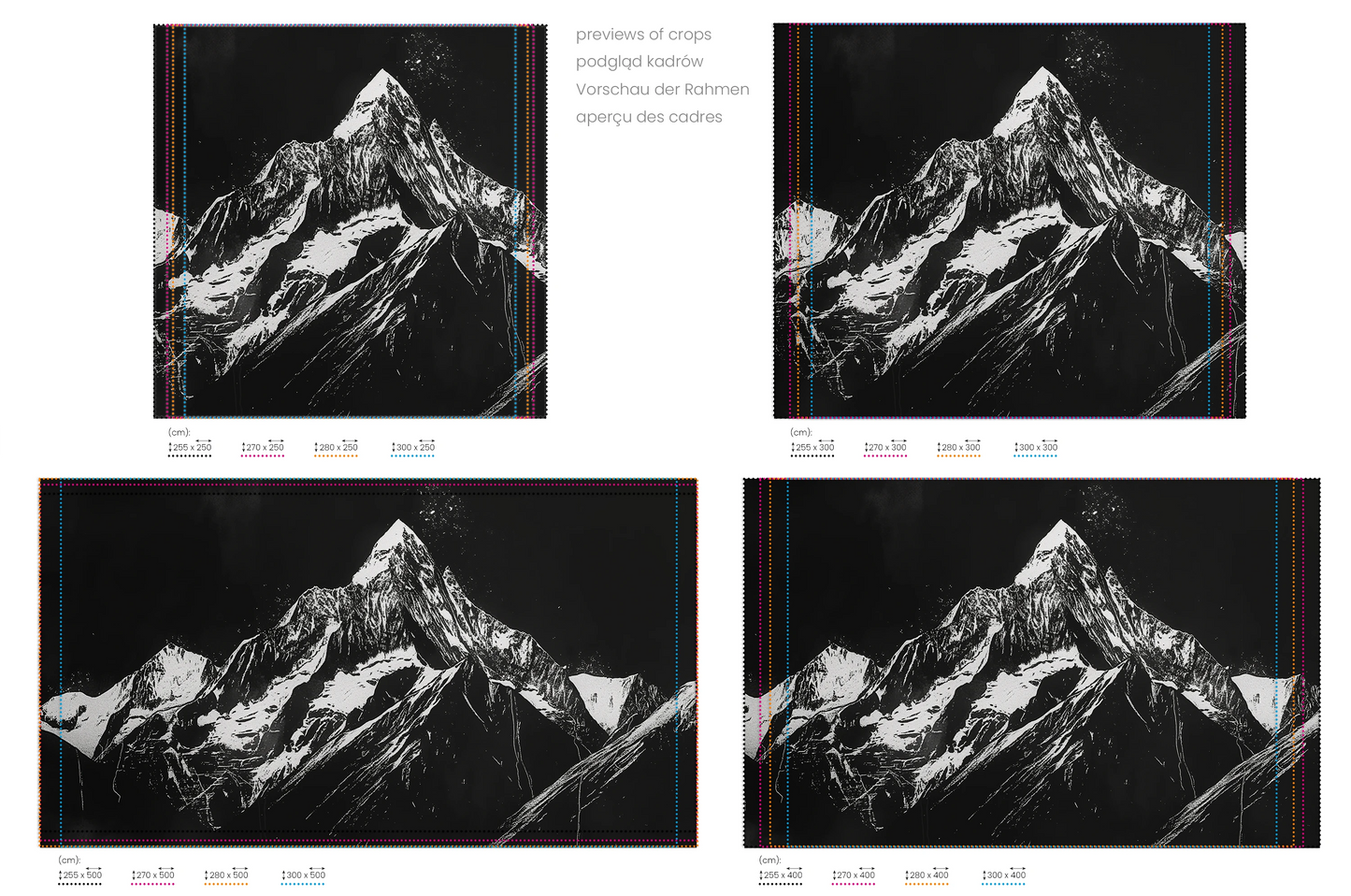 Na obrazie znajduje się prezentacja przykładowych rozmiarów fototapety o nazwie Monochrome Mountains. Rozmiar fototapety jest dowolny.