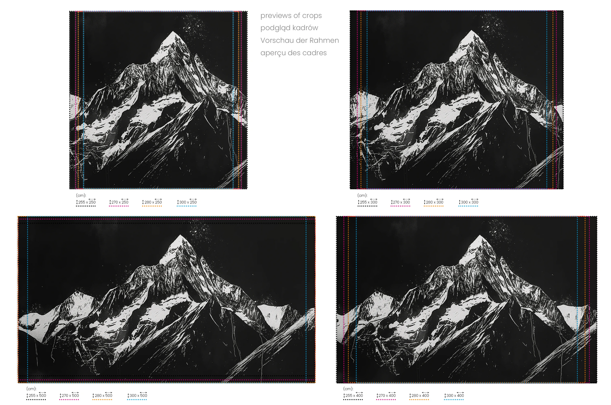 Na obrazie znajduje się prezentacja przykładowych rozmiarów fototapety o nazwie Monochrome Mountains. Rozmiar fototapety jest dowolny.