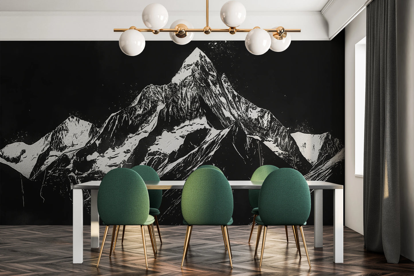 Wzór fototapety artystycznej o nazwie Monochrome Mountains pokazanej w aranżacji wnętrza.