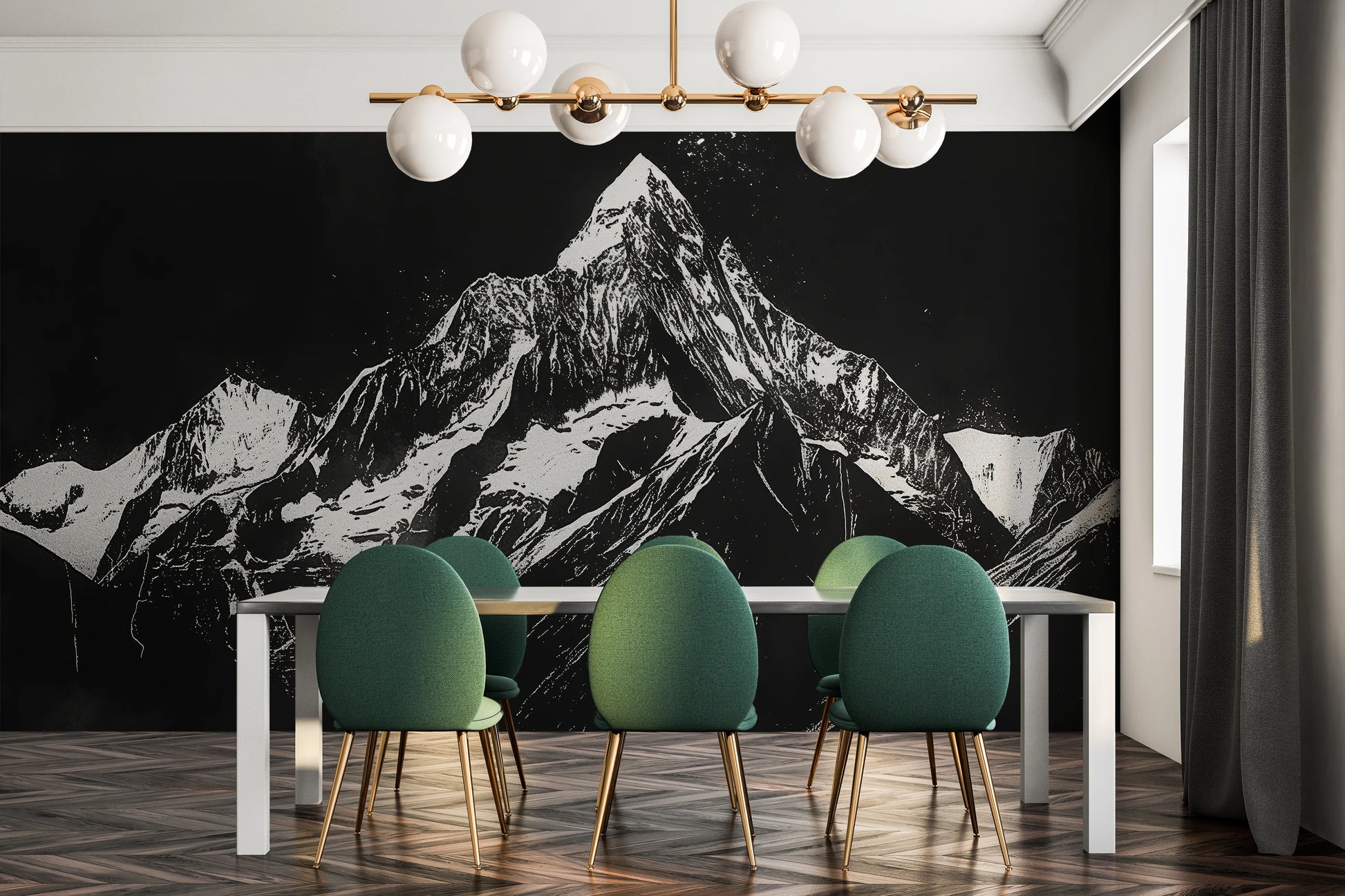 Wzór fototapety artystycznej o nazwie Monochrome Mountains pokazanej w aranżacji wnętrza.