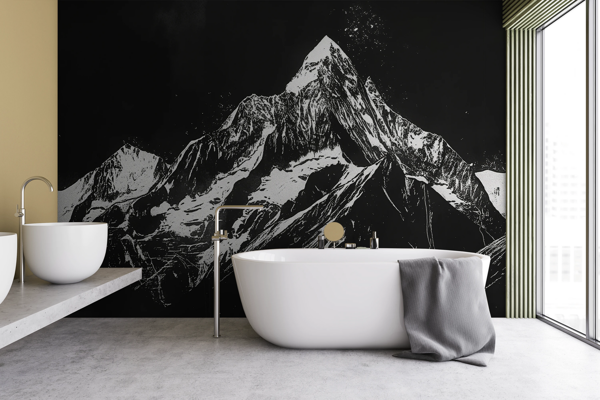 Wzór fototapety artystycznej o nazwie Monochrome Mountains pokazanej w aranżacji wnętrza.