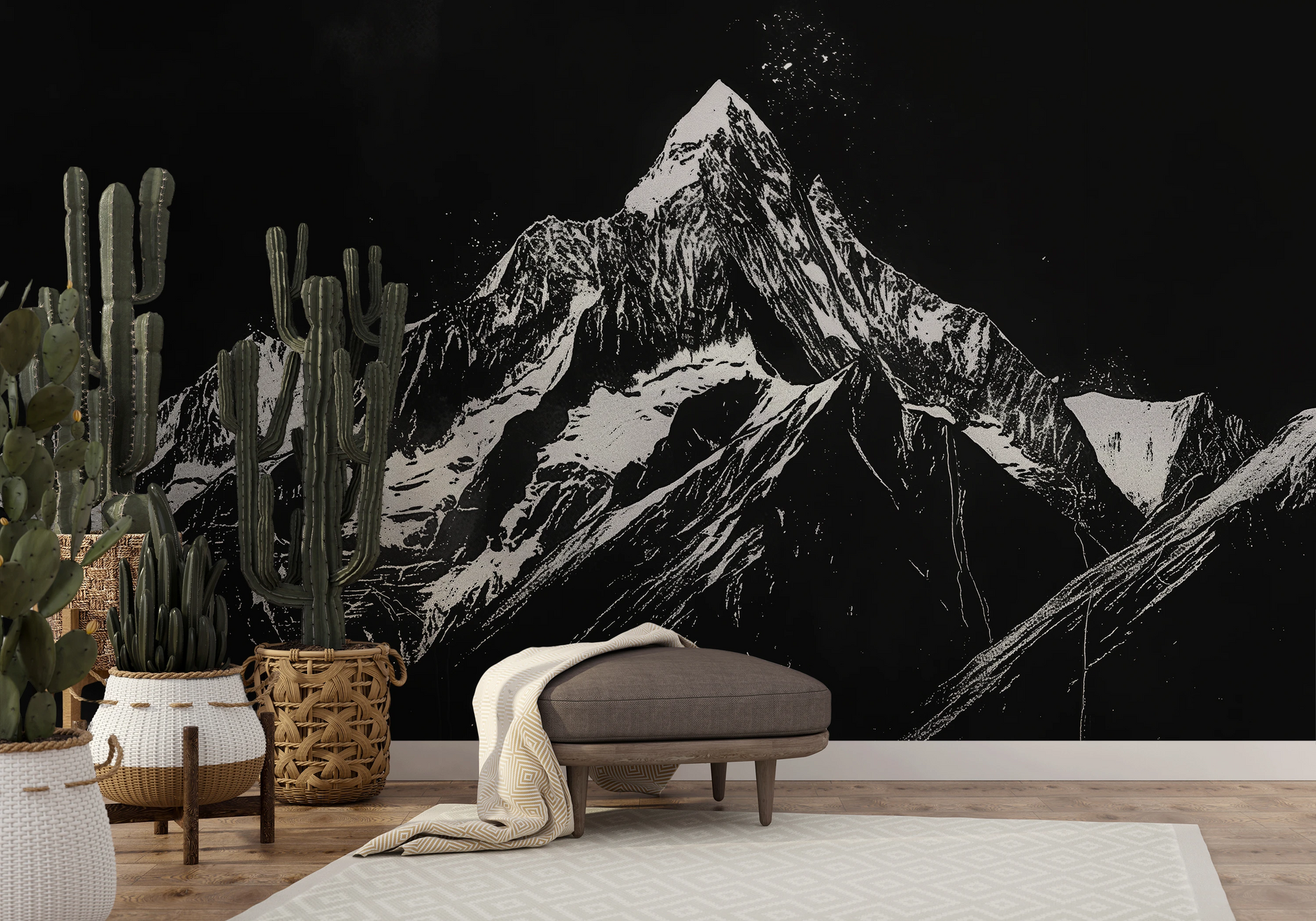 Wzór fototapety malowanej o nazwie Monochrome Mountains pokazanej w aranżacji wnętrza.