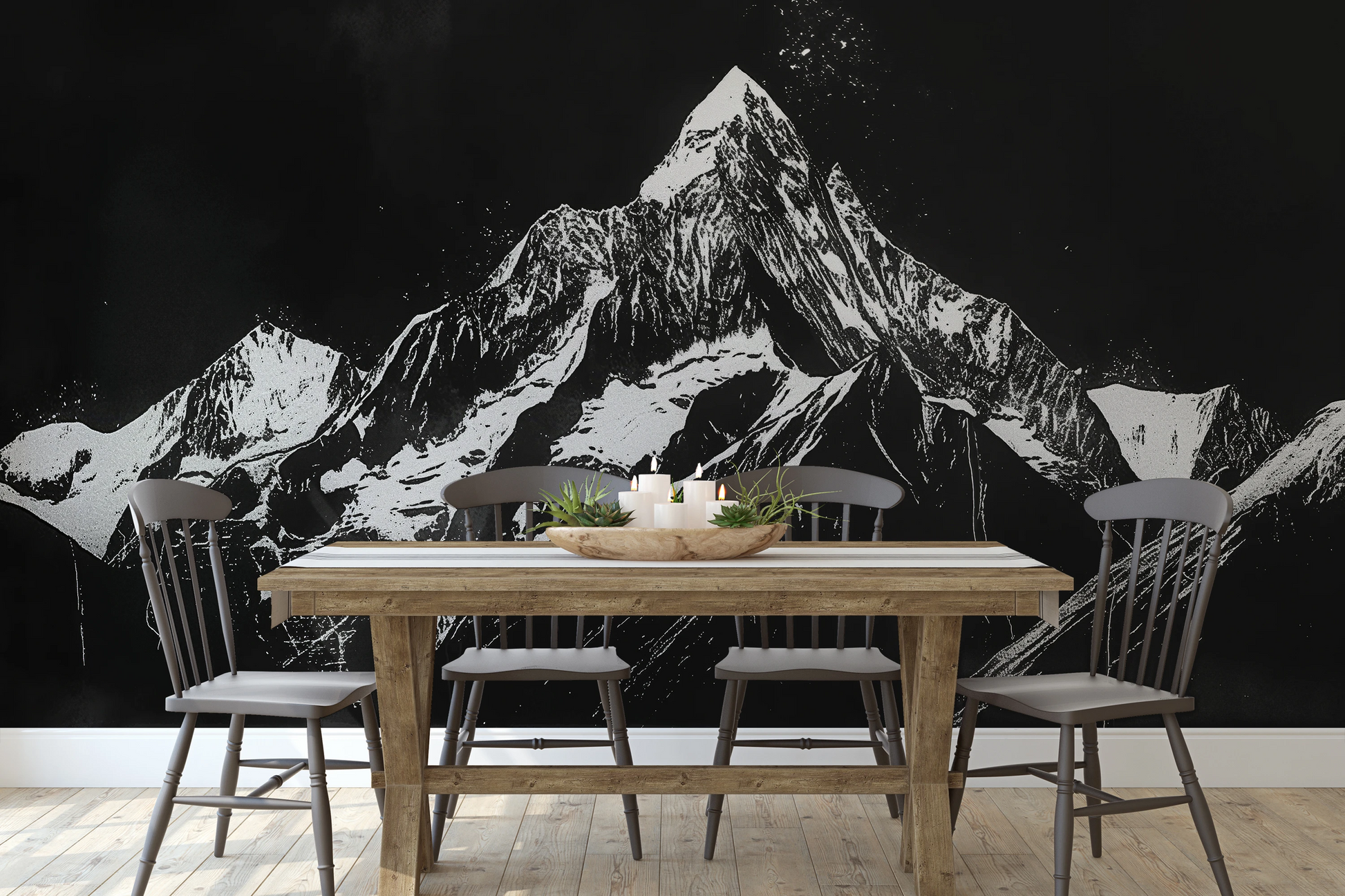 Wzór fototapety o nazwie Monochrome Mountains pokazanej w kontekście pomieszczenia.