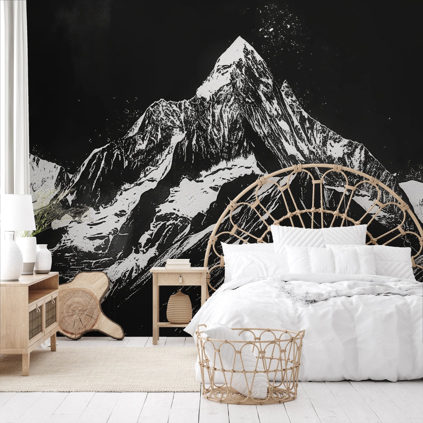 Zdjęcie prezentuje aranżację wnętrza z użyciem fototapety o nazwie Monochrome Mountains pokazanej w aranżacji wnętrza.