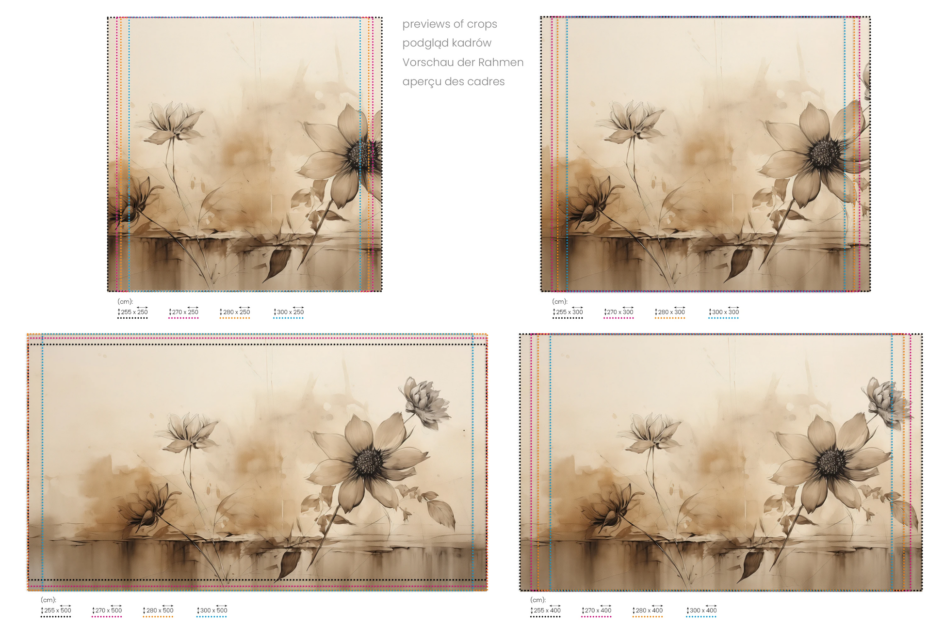 Na obrazie znajduje się prezentacja przykładowych rozmiarów fototapety o nazwie Abstract Water Florals. Rozmiar fototapety jest dowolny.