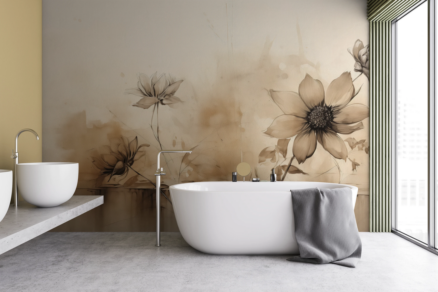 Wzór fototapety artystycznej o nazwie Abstract Water Florals pokazanej w aranżacji wnętrza.