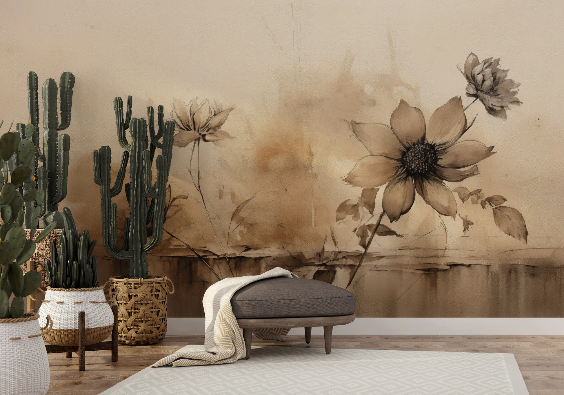 Wzór fototapety o nazwie Abstract Water Florals pokazanej w kontekście pomieszczenia.