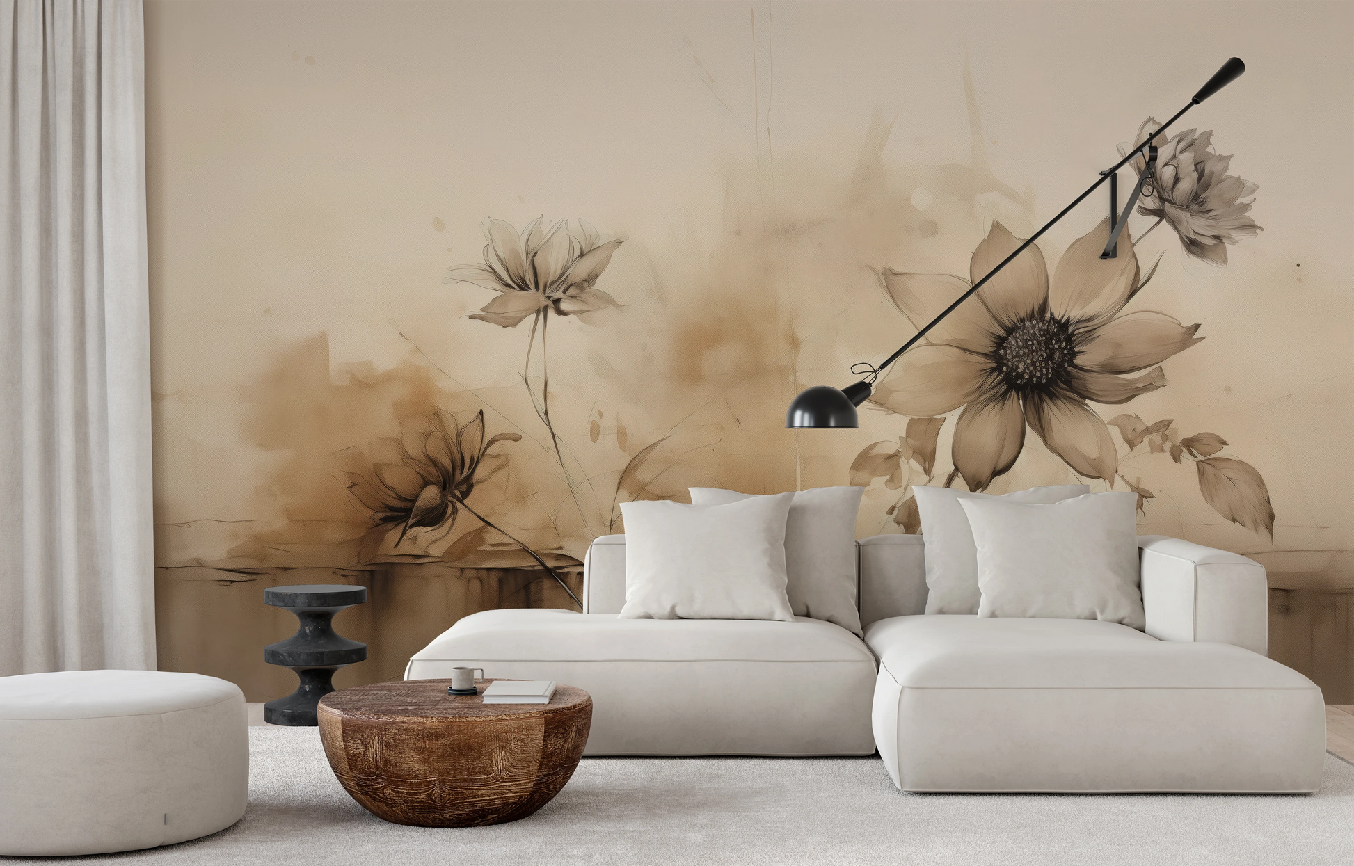 Wzór fototapety malowanej o nazwie Abstract Water Florals pokazanej w aranżacji wnętrza.