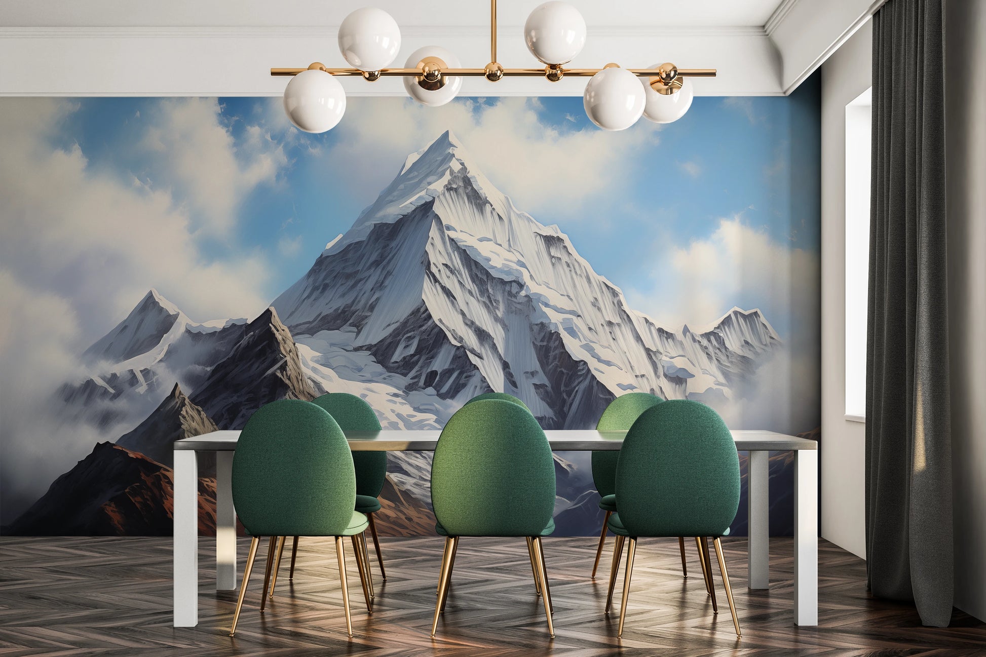 Wzór fototapety malowanej o nazwie Misty Peaks pokazanej w aranżacji wnętrza.
