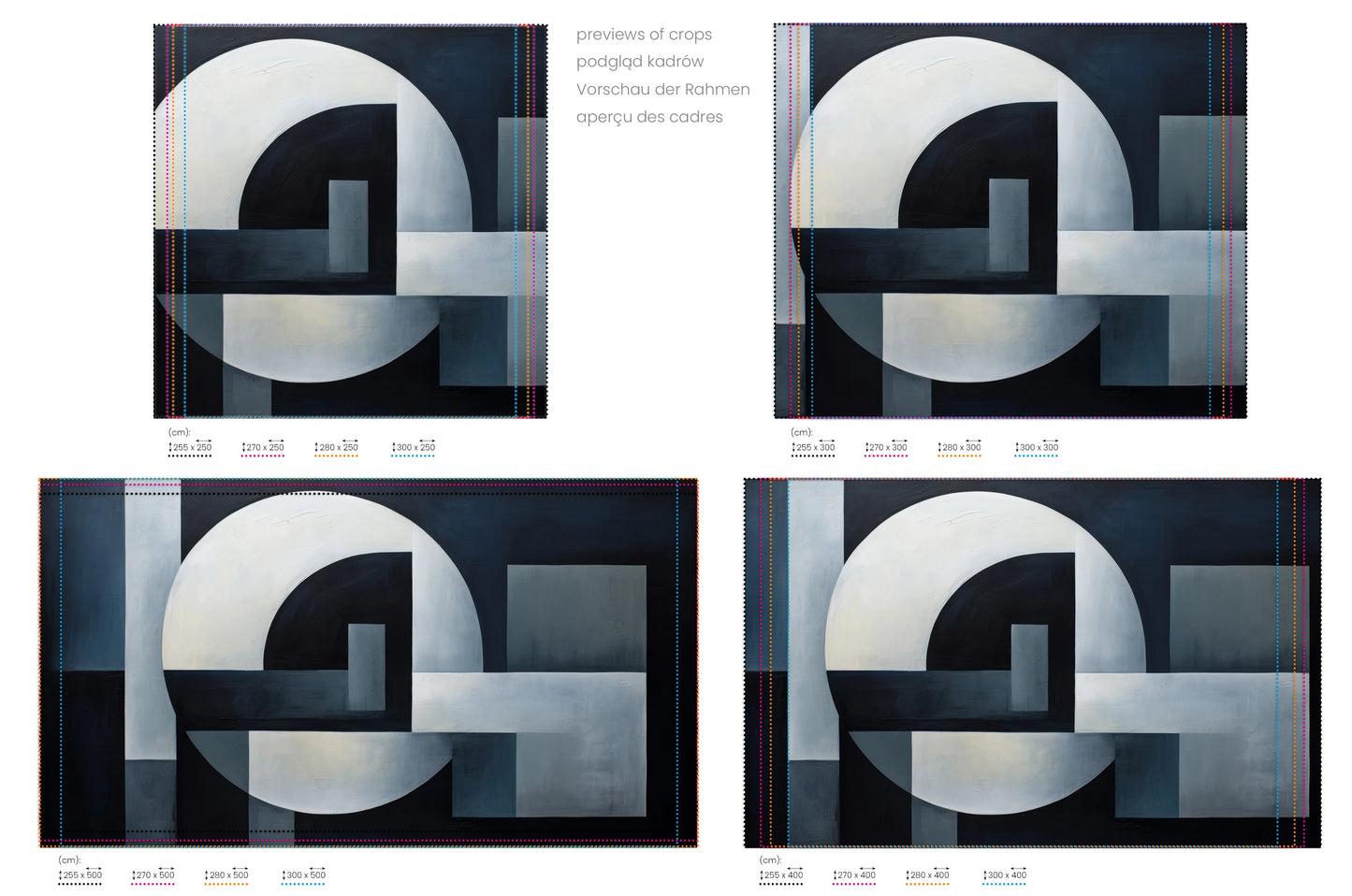 Na obrazie znajduje się prezentacja przykładowych rozmiarów fototapety o nazwie Geometric Interplay. Rozmiar fototapety jest dowolny.
