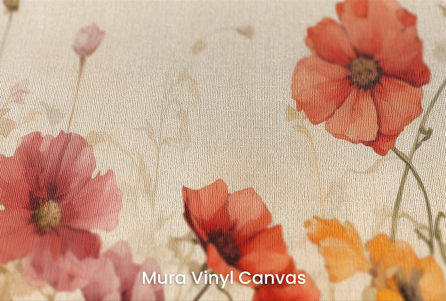 Zbliżenie na artystyczną fototapetę o nazwie Sunrise Poppy Field na podłożu Mura Vinyl Canvas - faktura naturalnego płótna.