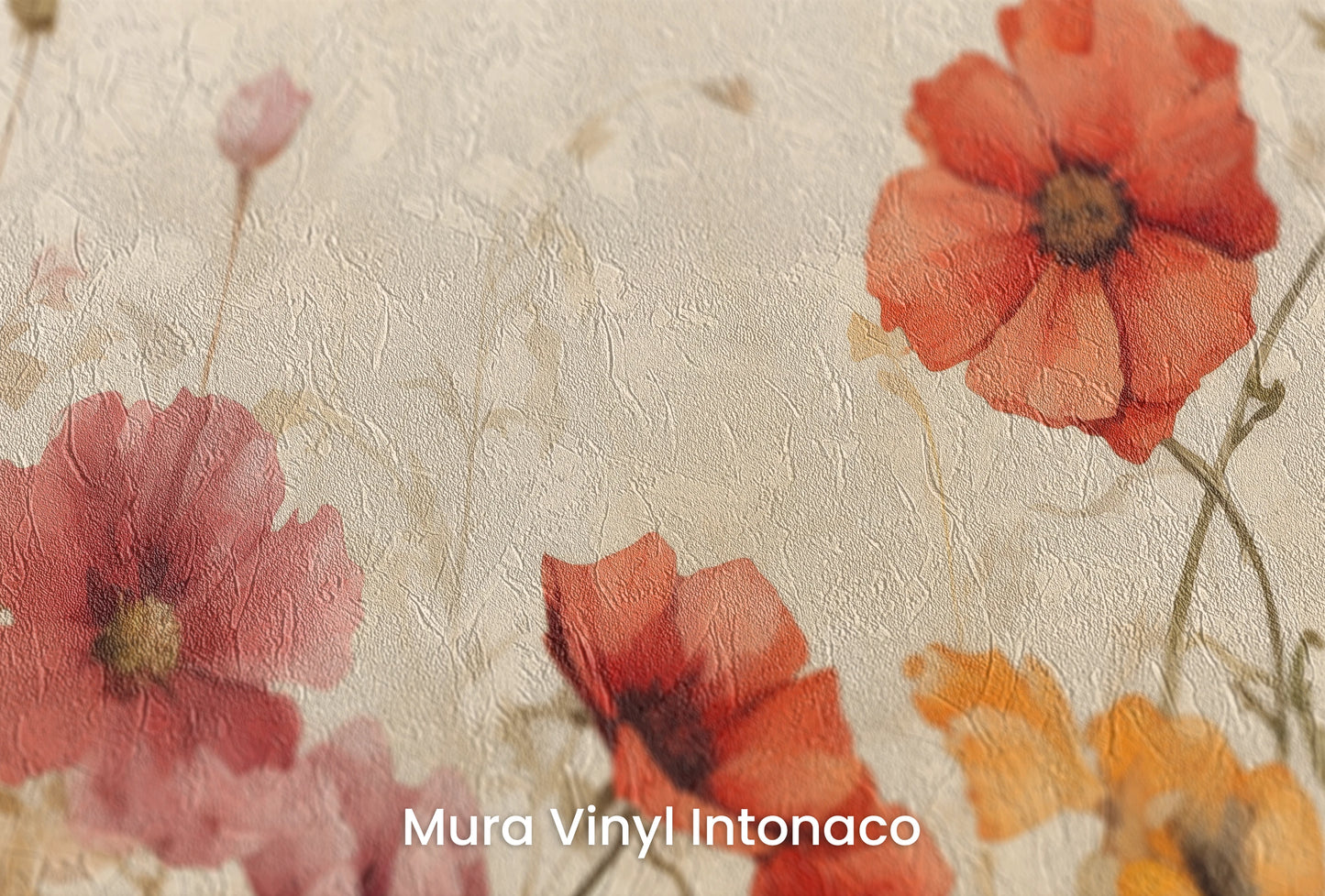 Zbliżenie na artystyczną fototapetę o nazwie Sunrise Poppy Field na podłożu Mura Vinyl Intonaco - struktura tartego tynku.