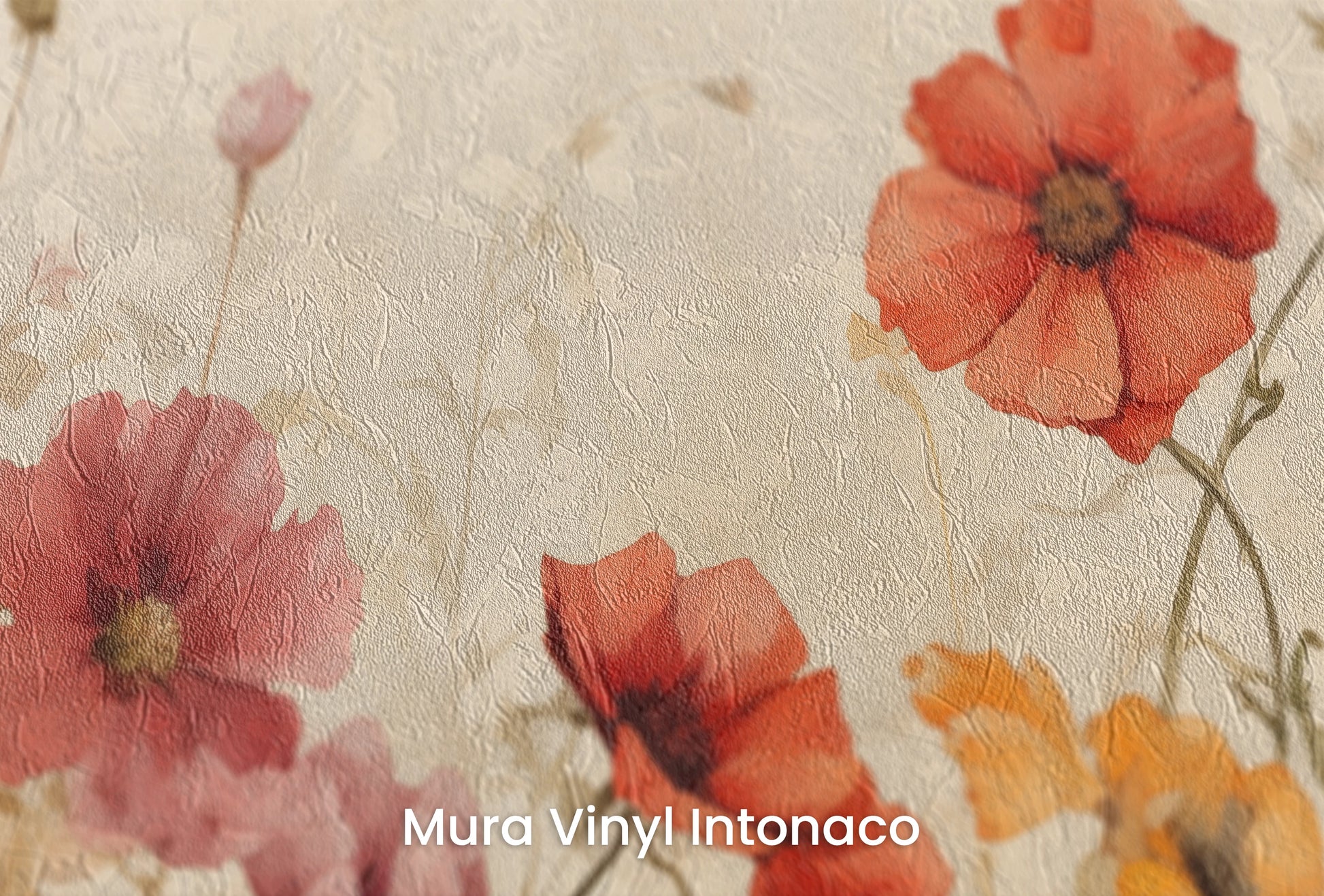 Zbliżenie na artystyczną fototapetę o nazwie Sunrise Poppy Field na podłożu Mura Vinyl Intonaco - struktura tartego tynku.