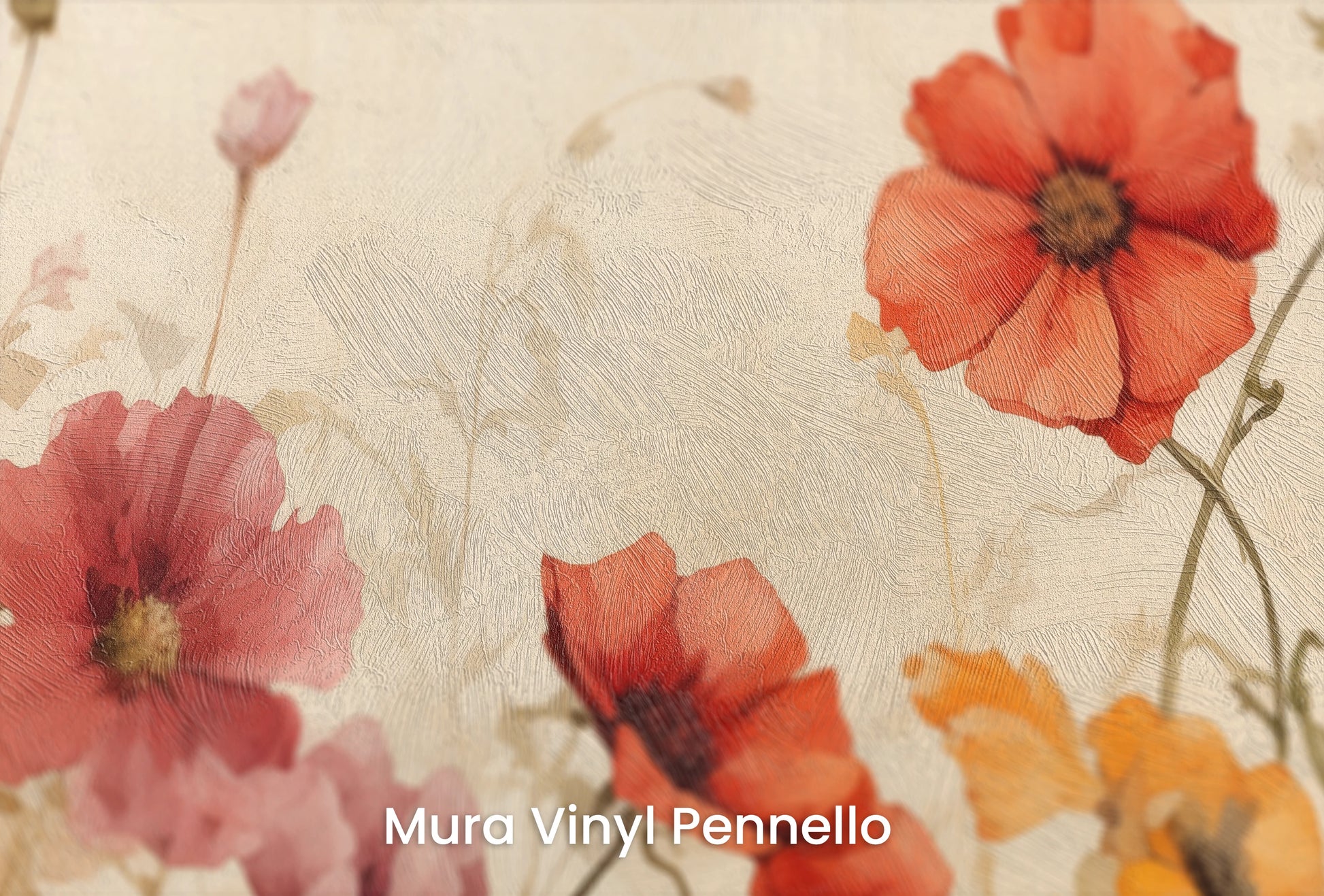 Zbliżenie na artystyczną fototapetę o nazwie Sunrise Poppy Field na podłożu Mura Vinyl Pennello - faktura pociągnięć pędzla malarskiego.