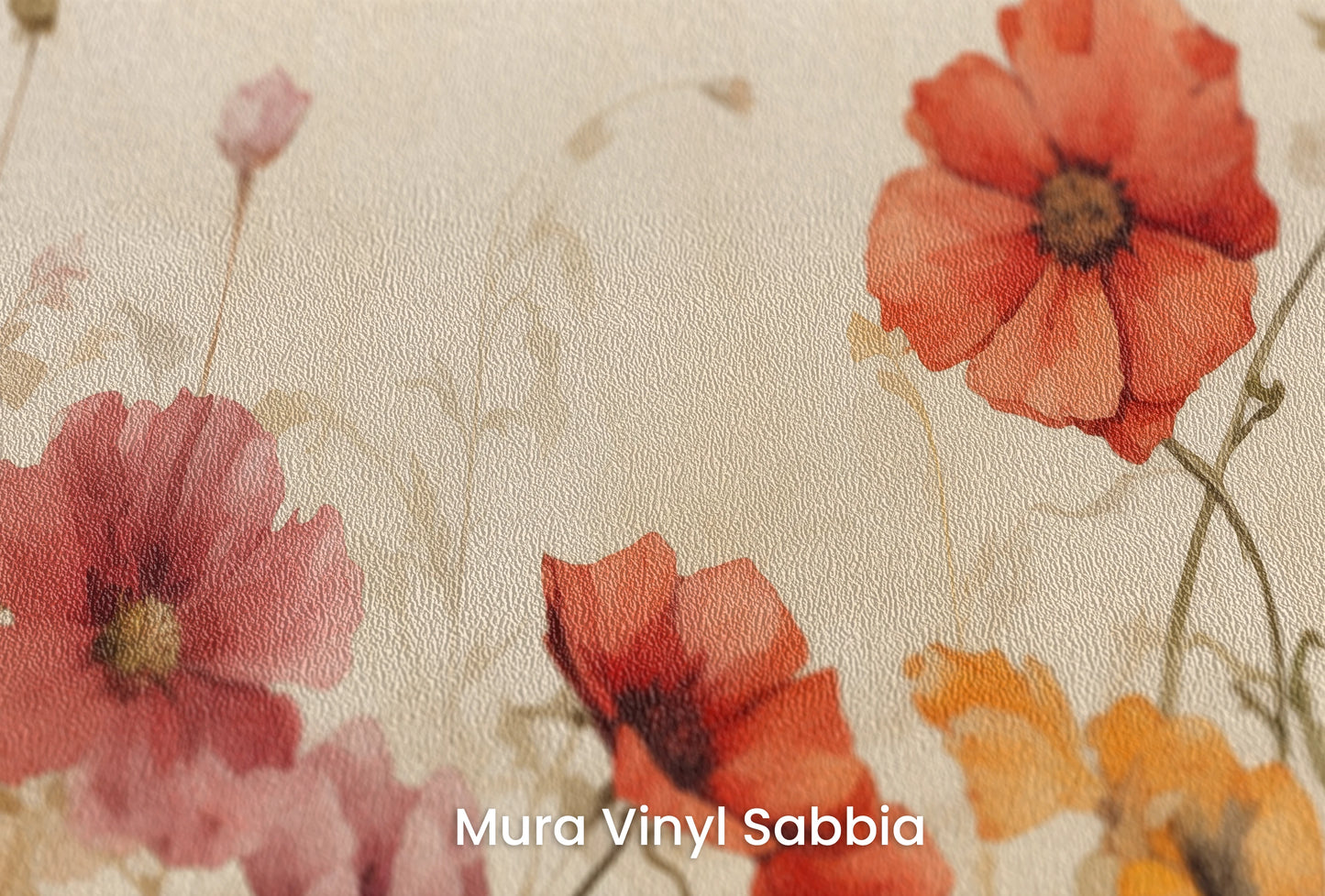 Zbliżenie na artystyczną fototapetę o nazwie Sunrise Poppy Field na podłożu Mura Vinyl Sabbia struktura grubego ziarna piasku.
