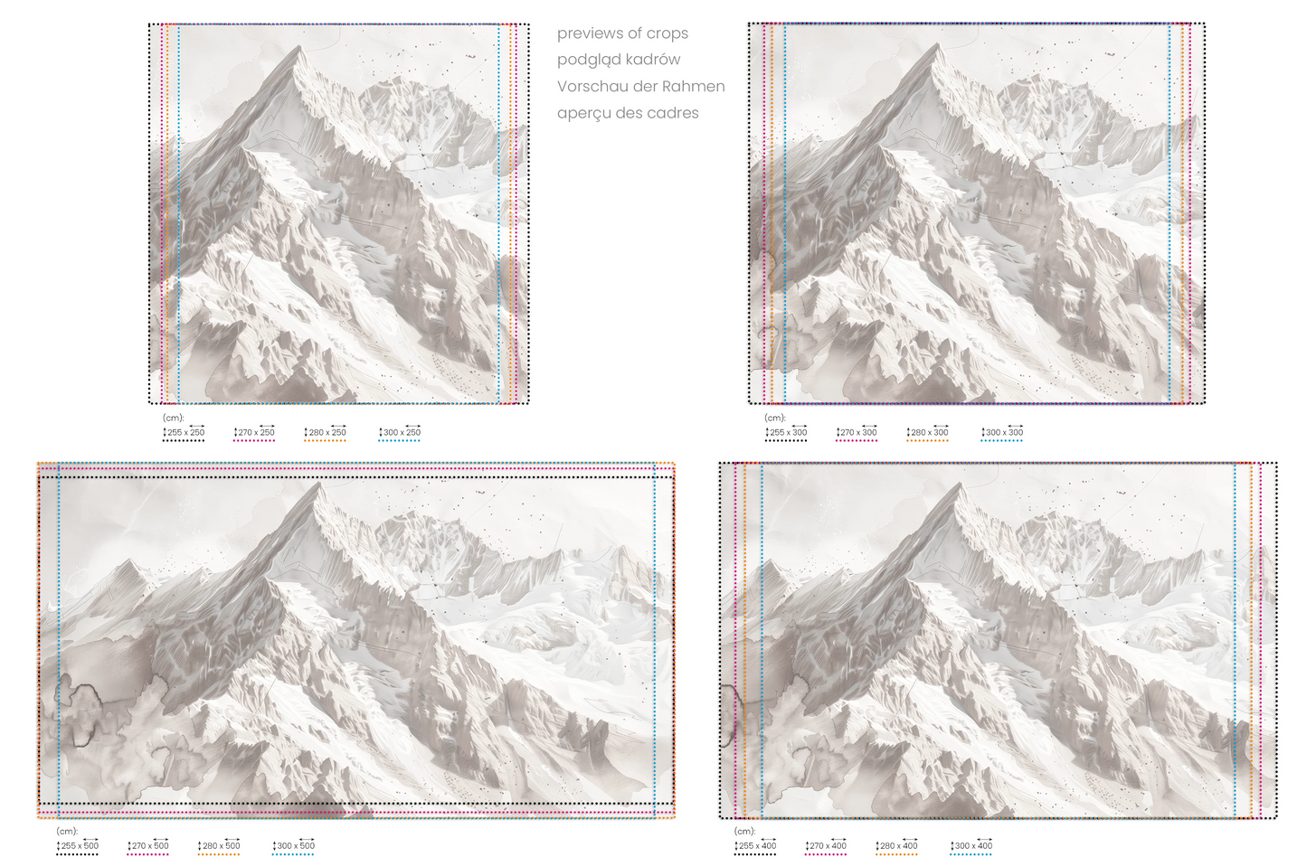 Na obrazie znajduje się prezentacja przykładowych rozmiarów fototapety o nazwie Snowy Monolith. Rozmiar fototapety jest dowolny.