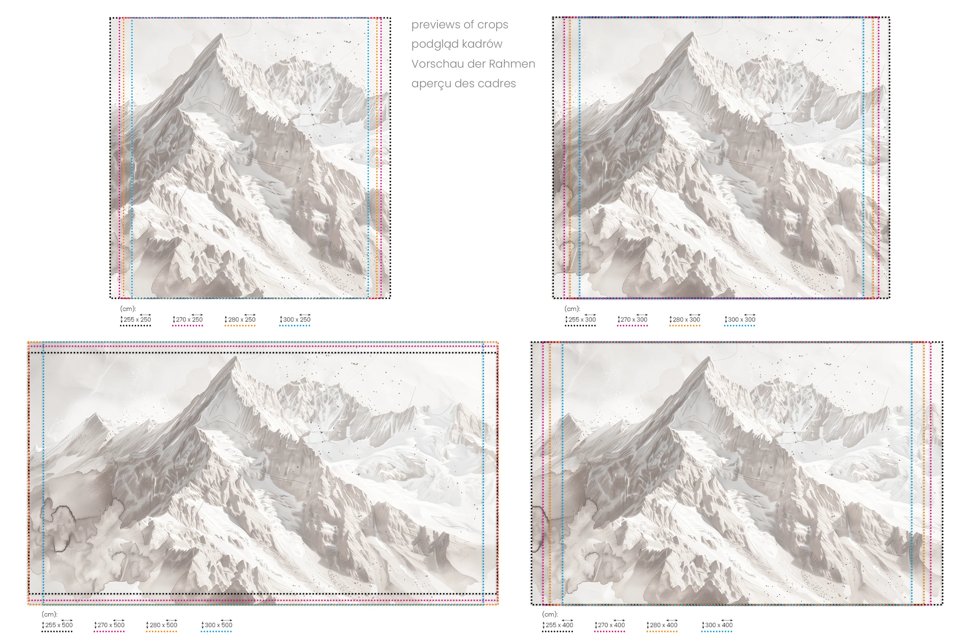 Na obrazie znajduje się prezentacja przykładowych rozmiarów fototapety o nazwie Snowy Monolith. Rozmiar fototapety jest dowolny.