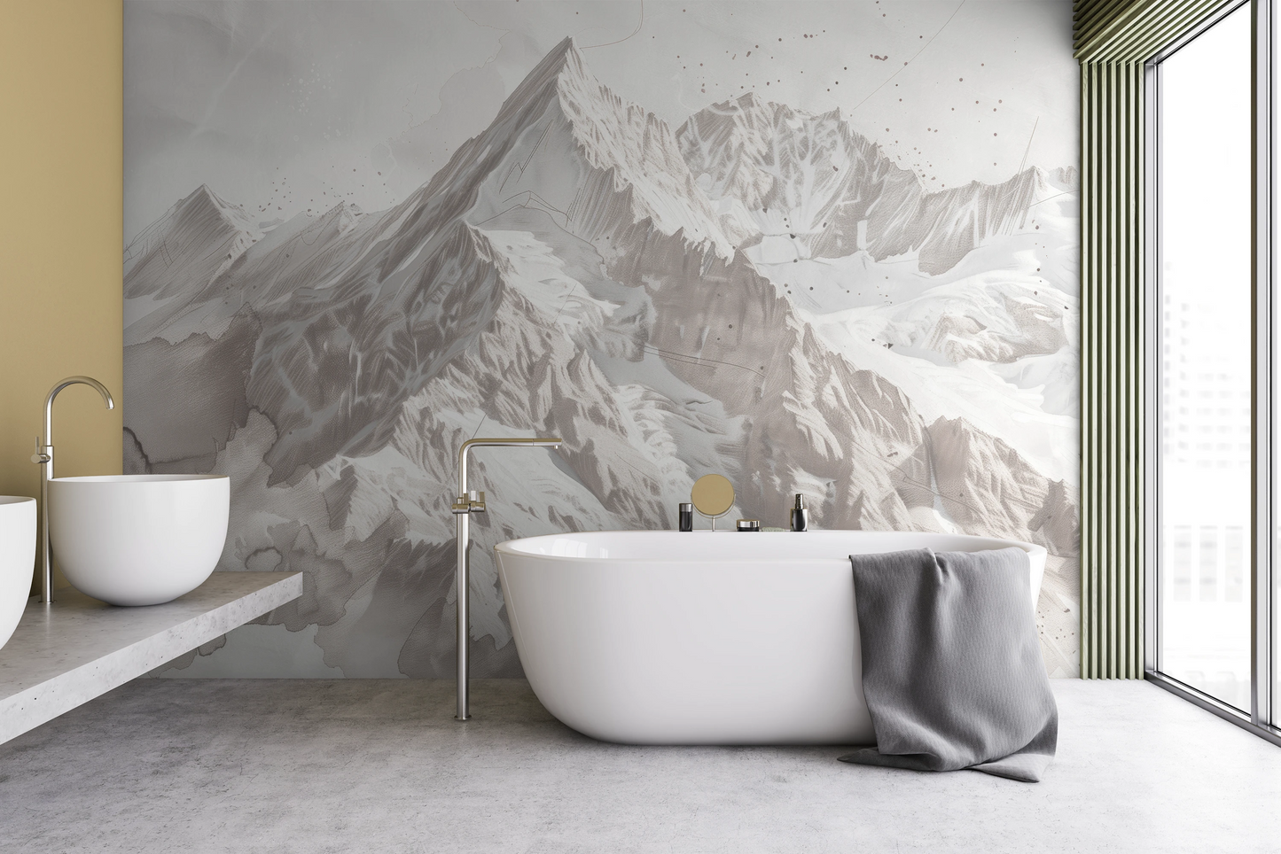 Wzór fototapety malowanej o nazwie Snowy Monolith pokazanej w aranżacji wnętrza.