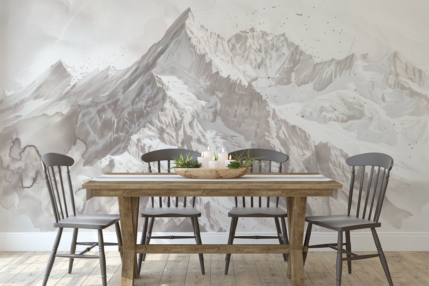 Zdjęcie prezentuje aranżację wnętrza z użyciem fototapety o nazwie Snowy Monolith pokazanej w aranżacji wnętrza.