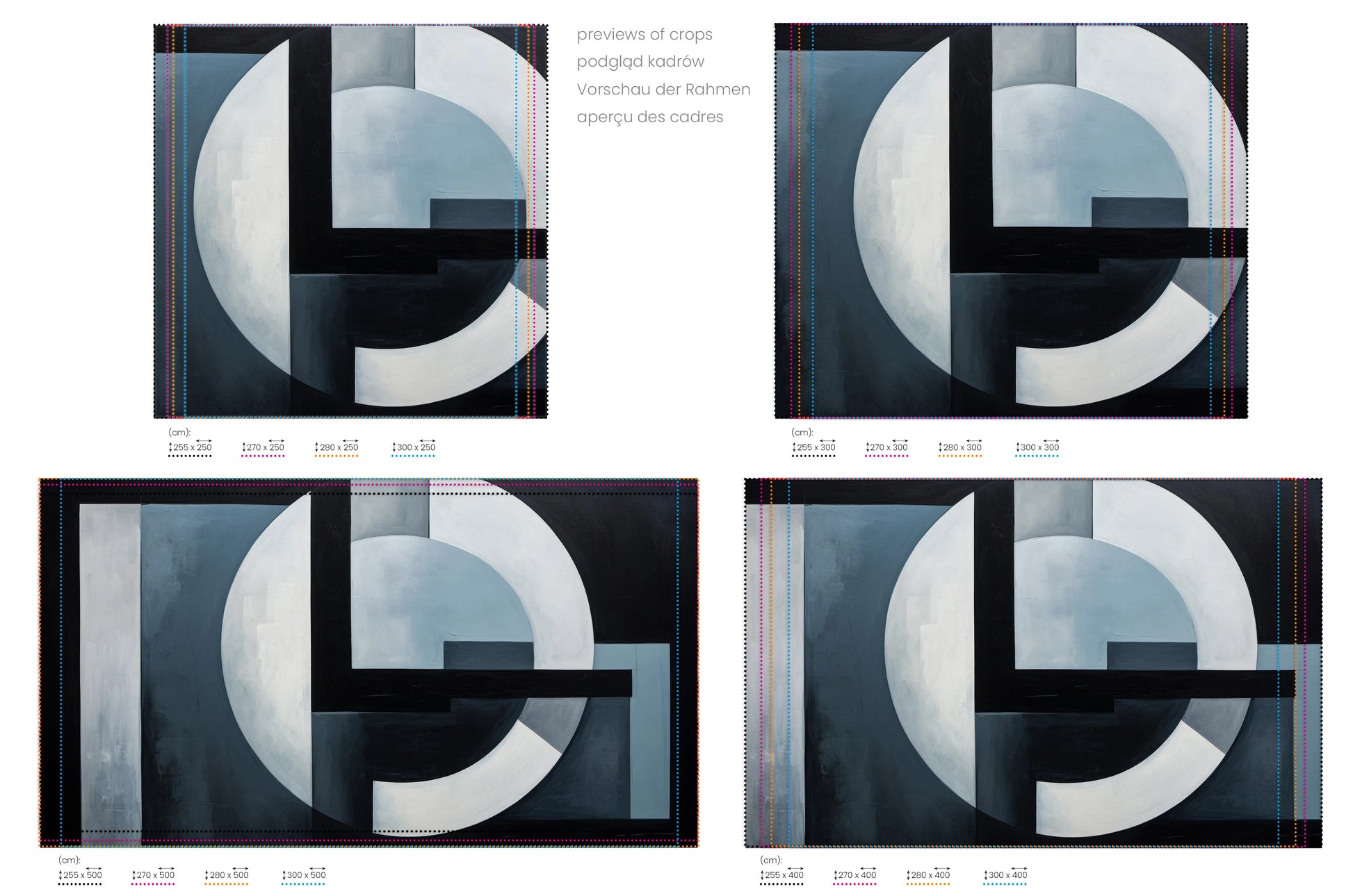 Na obrazie znajduje się prezentacja przykładowych rozmiarów fototapety o nazwie Abstract Warmth. Rozmiar fototapety jest dowolny.