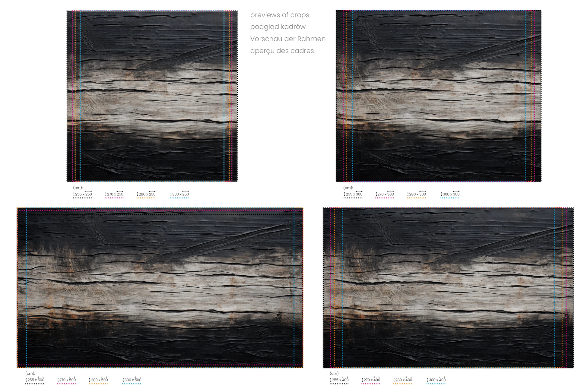 Na obrazie znajduje się prezentacja przykładowych rozmiarów fototapety o nazwie Charred Wood. Rozmiar fototapety jest dowolny.